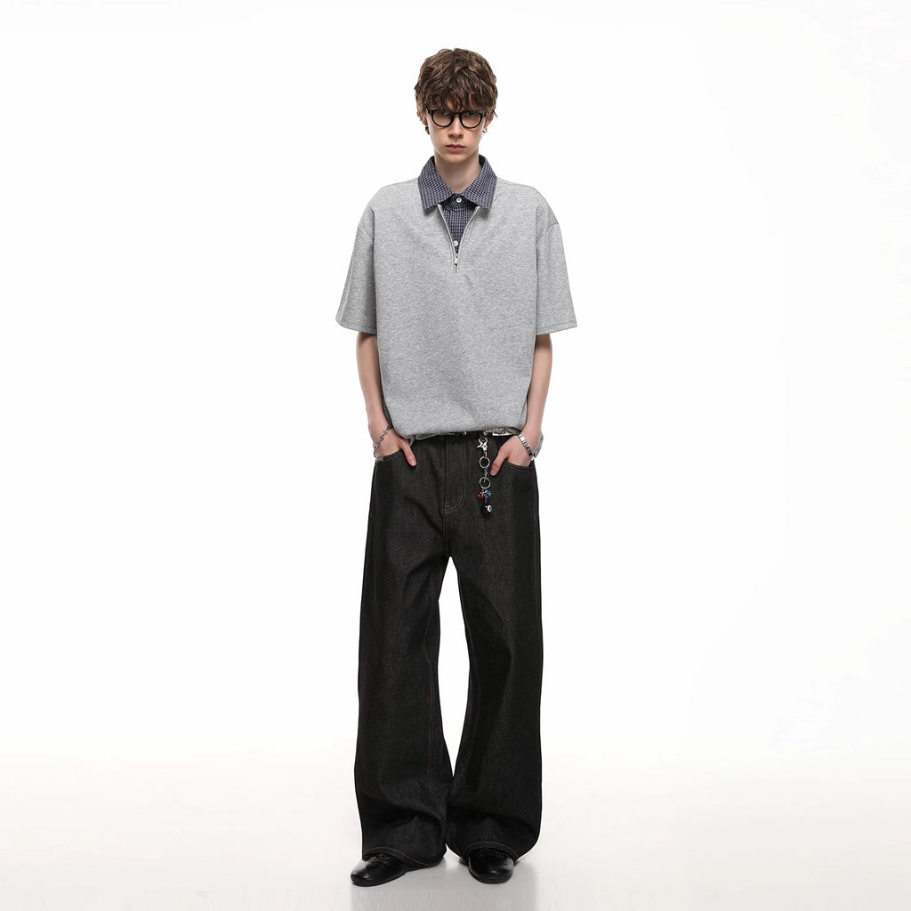 TREND ST American retro fake two-piece shirt collar short sleeved T-shirt men's summer checkered splicing loose polo shirt