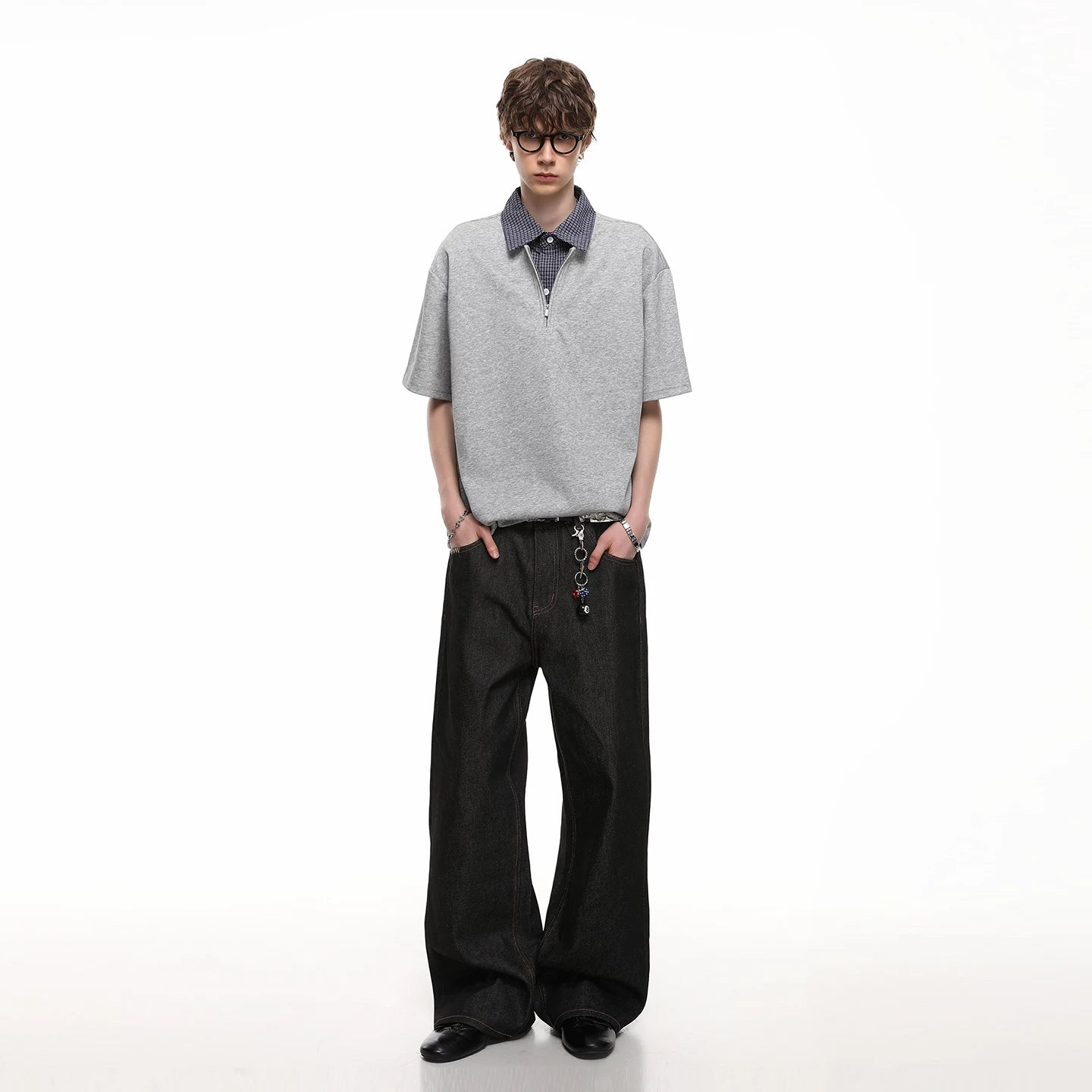 TREND ST American retro fake two-piece shirt collar short sleeved T-shirt men's summer checkered splicing loose polo shirt