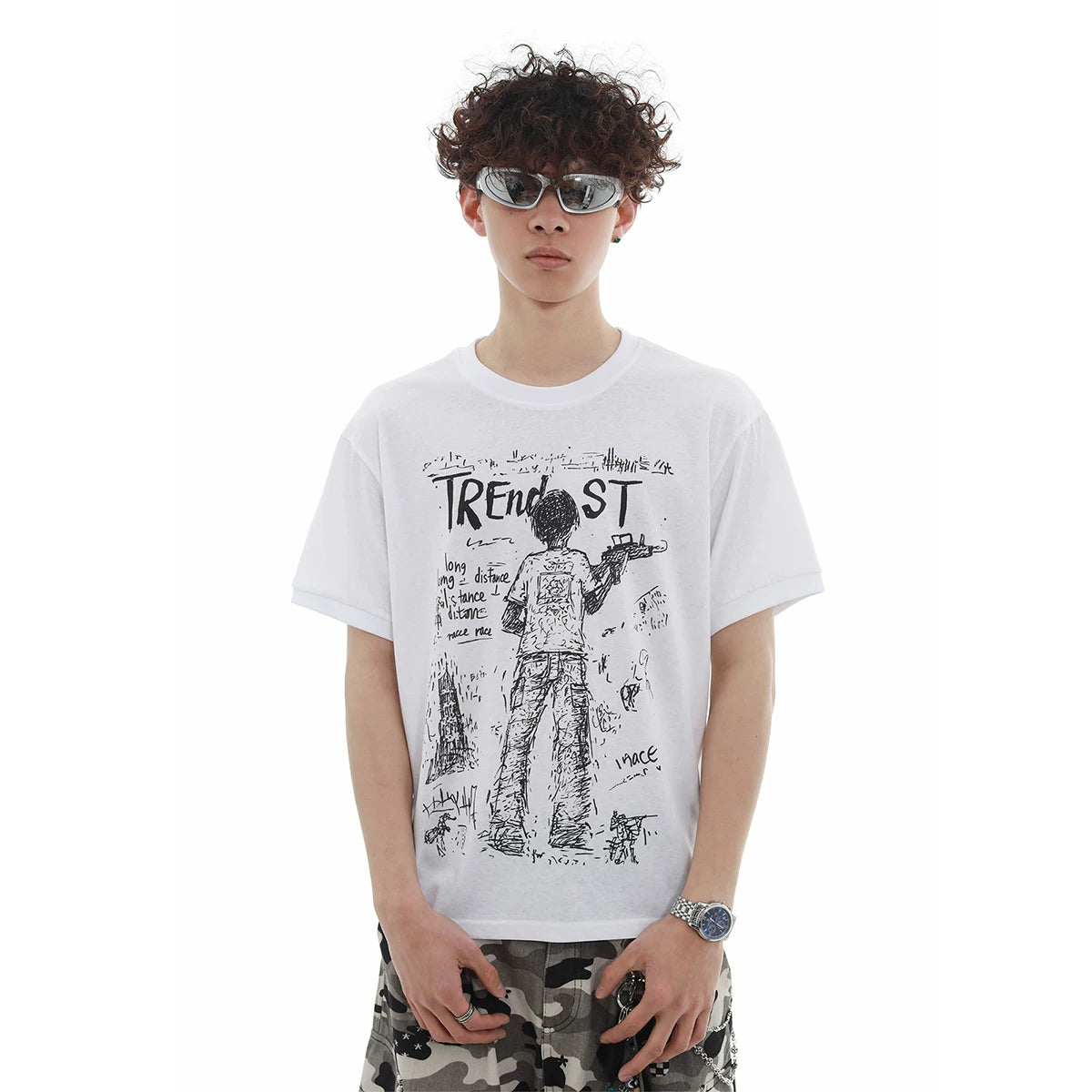TREND ST War Short Sleeve Loose Short Width Boxy Edition Direct Spray Printed Summer Cool Breathable Micro Transparent T-shirt