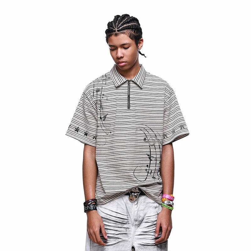 Original Trendy Street Label Music Note Star Printed Polo Shirt Short Sleeve Men's Summer Half Zipper Loose Stripe T-shirt