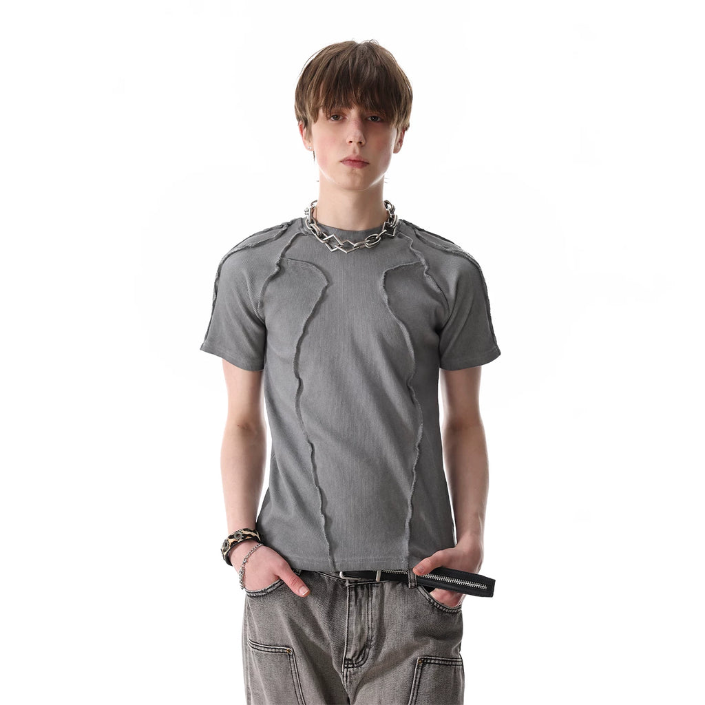 TREND ST Heavy Weight 450g Craftsmanship Deconstruction Slim Short Sleeve T-shirt for Men and Women, Wasteland Wind Pioneer Shoulder Insert T-shirt