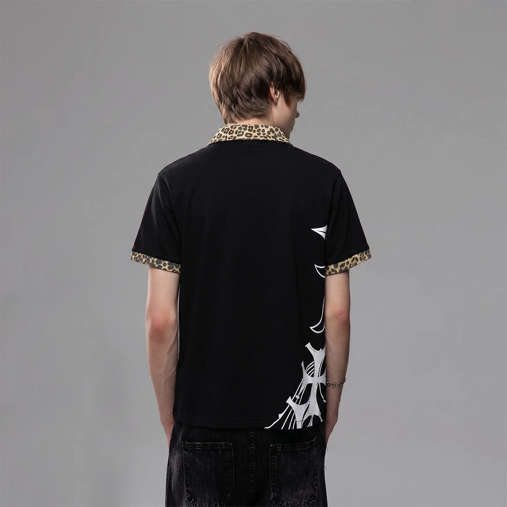Light Asian street punk cross print shoulder T-shirt short sleeved men's summer boxy version leopard print patchwork polo shirt