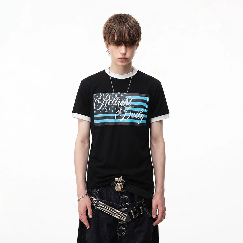 TREND ST American Retro Star Flag Printed Short Sleeve T-shirt Men's and Women's Contrast Round Neck Boxy Short Width Top