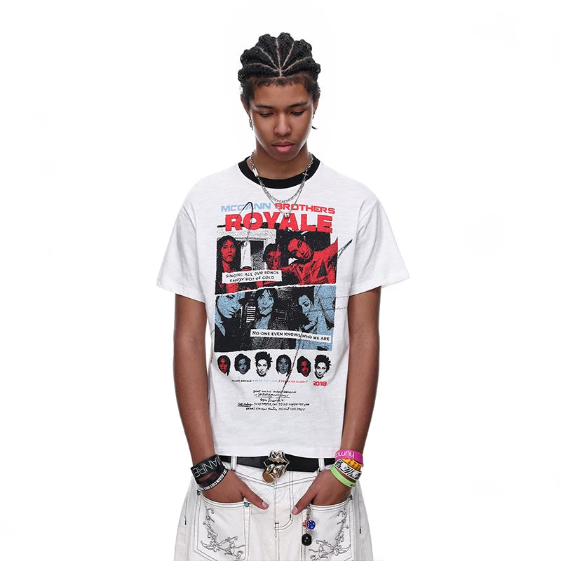 TREND ST American High Street Front Shoulder Boxy Short Style Printed Short Sleeve T-shirt for Men's Summer Hip Hop Band TEE