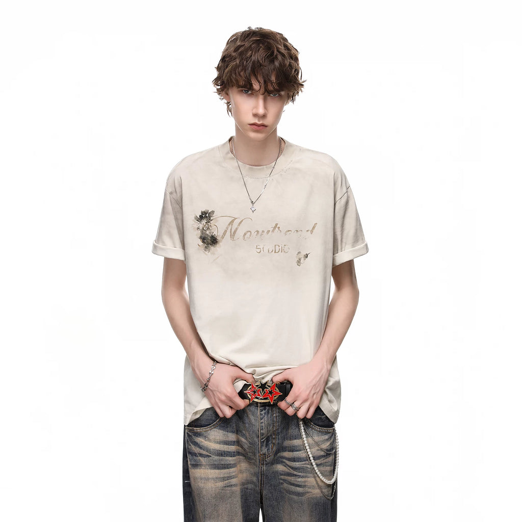 TREND ST Summer Loose Heavy Weight 300g Pure Cotton Short sleeved Men's American Retro Washed Outdated Printed T-shirt