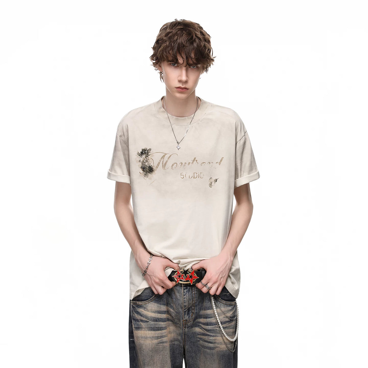 TREND ST Summer Loose Heavy Weight 300g Pure Cotton Short sleeved Men's American Retro Washed Outdated Printed T-shirt