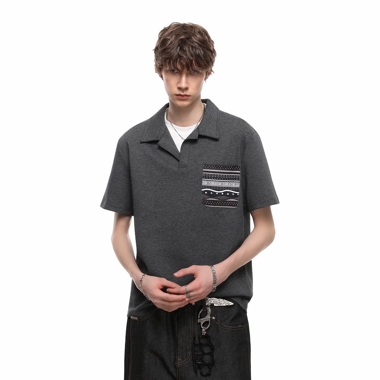 Fake Two Seagull Collar Pocket Polo Shirt T-shirt with