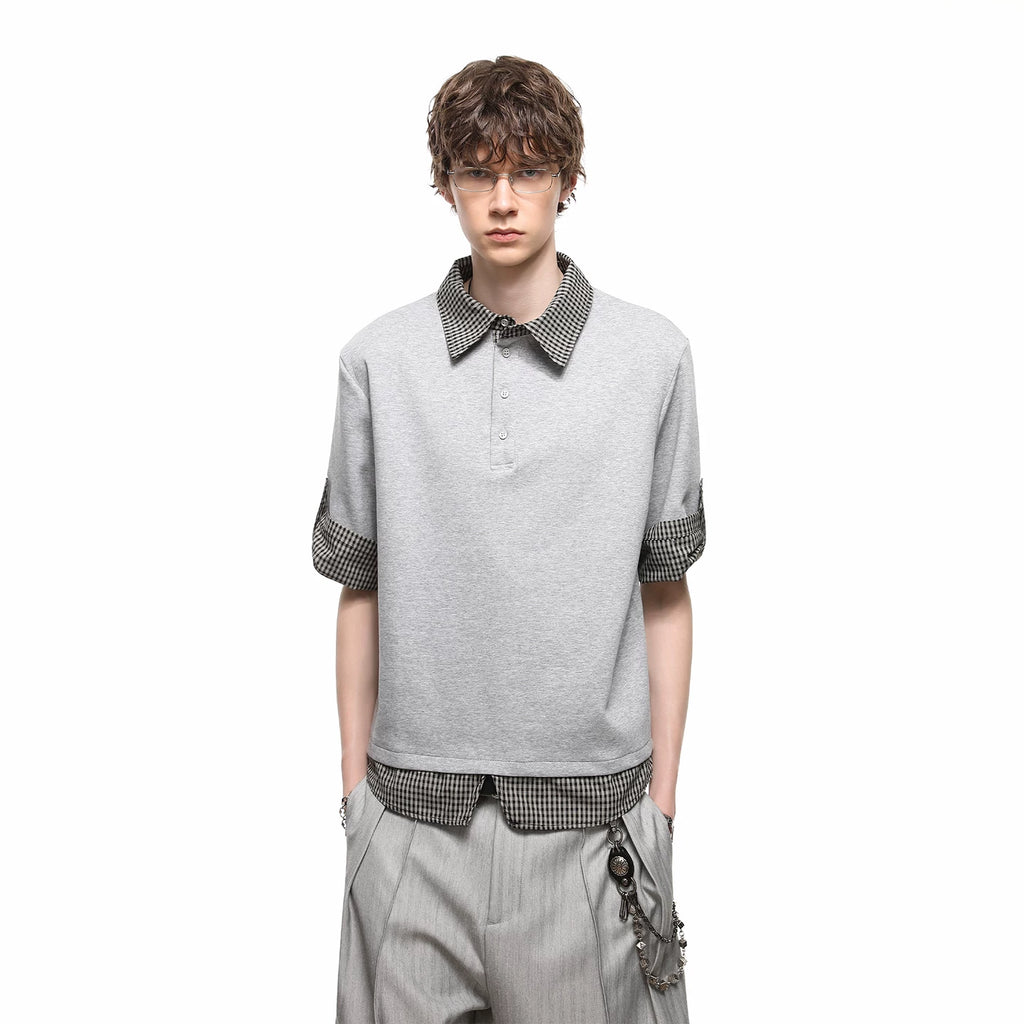 Miu style fake two piece polo shirt short sleeved couple summer patchwork design sense shoulder T-shirt loose five quarter sleeve