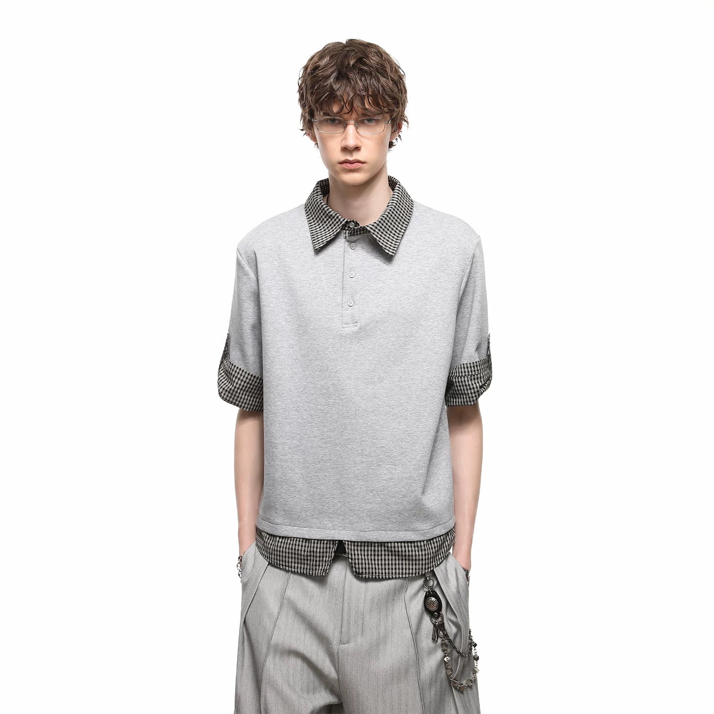 Miu style fake two piece polo shirt short sleeved couple summer patchwork design sense shoulder T-shirt loose five quarter sleeve
