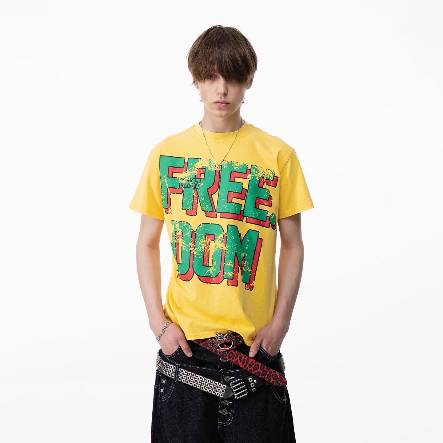 TREND ST Street Trendy Brand Visual Series Washed and Used Short sleeved T-shirt for Men's Summer Front Shoulder Printed Pure Cotton T-shirt