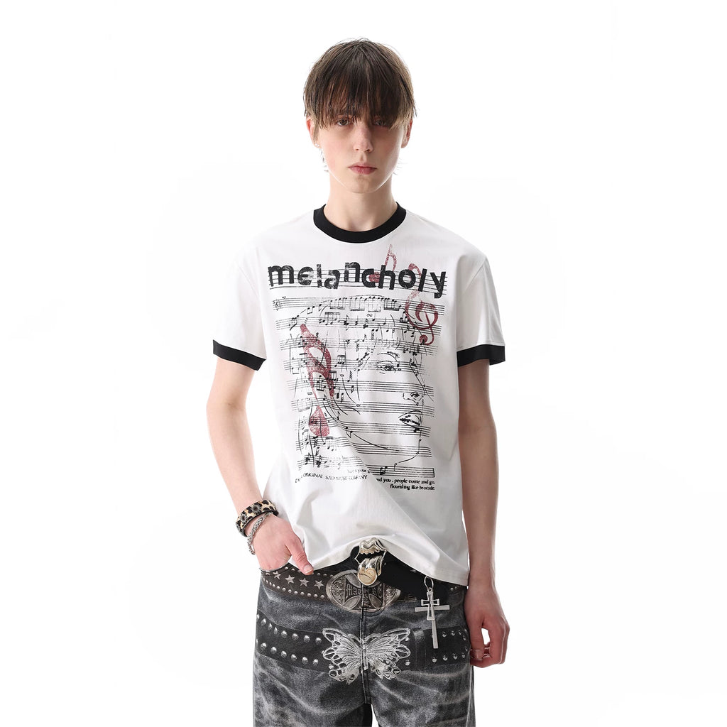 TREDN ST Original Street Note Score Printed Solona T-shirt Men's Summer Boxy Short Shoulder Short Sleeve