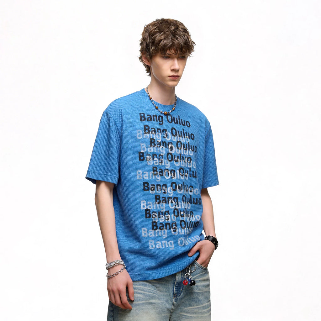 TREND ST American retro washed vintage printed short sleeved T-shirt for men's summer loose heavyweight waffle top