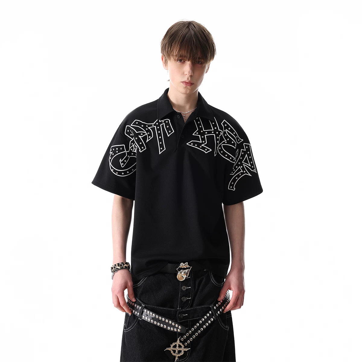Original trendy brand visual style dark brick embroidered short sleeved shirt for men in summer, cool and loose half sleeved polo shirt