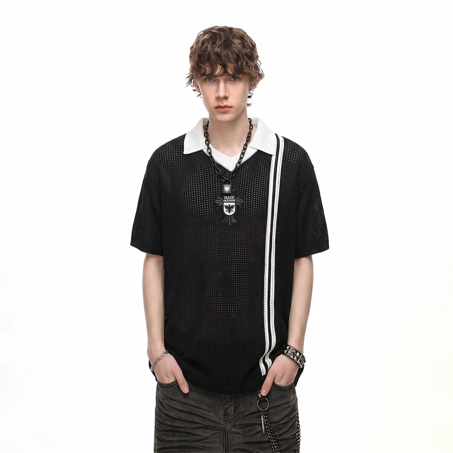 2026 World Cup jersey Black Frontline No.7 mesh knitted Polo shirt short sleeved men's summer football sports hollow T-shirt