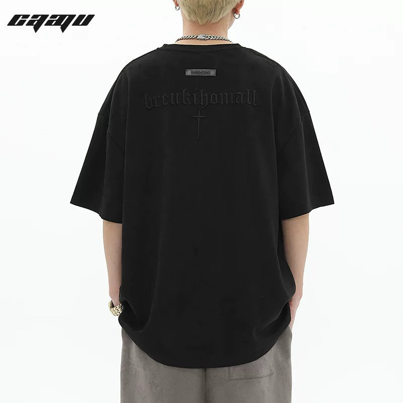 American retro embroidered suede short sleeved T-shirt for men's summer fashion brand hip-hop loose couple casual half sleeved T-shirt