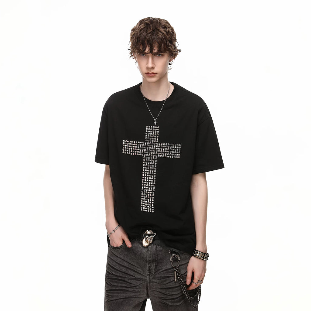 American street design, rivet cross, pure cotton T-shirt, short sleeved men's cleanfit, loose couple half sleeve