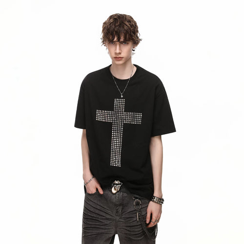 American street design, rivet cross, pure cotton T-shirt, short sleeved men's cleanfit, loose couple half sleeve