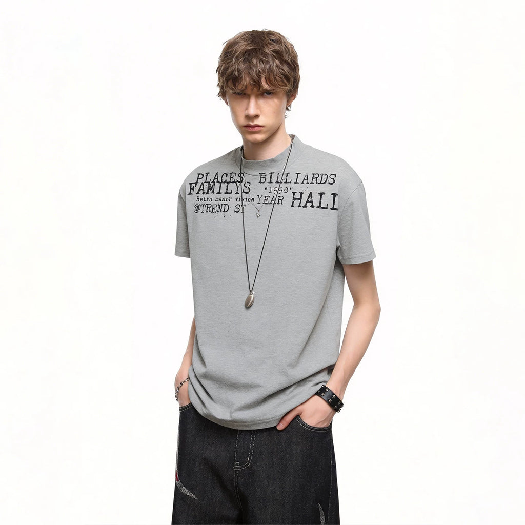 TREND ST Summer Half High Neck Letter Printed Short Sleeve Men's Short Style Slim Fit Elastic Shoulder Boxy Edition T-shirt