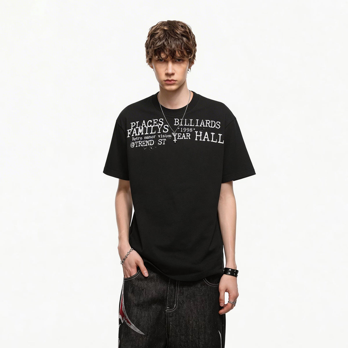 TREND ST Summer Half High Neck Letter Printed Short Sleeve Men's Short Style Slim Fit Elastic Shoulder Boxy Edition T-shirt