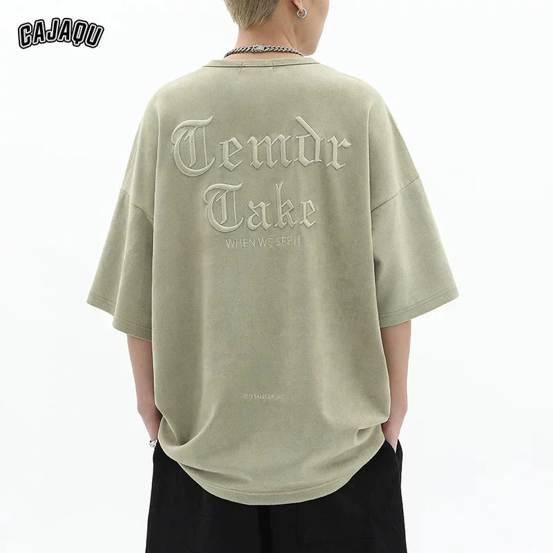 American retro heavy embroidery loose oversized short sleeved t-shirt men's summer trendy brand suede couple top