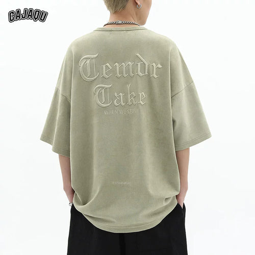 American retro heavy embroidery loose oversized short sleeved t-shirt men's summer trendy brand suede couple top