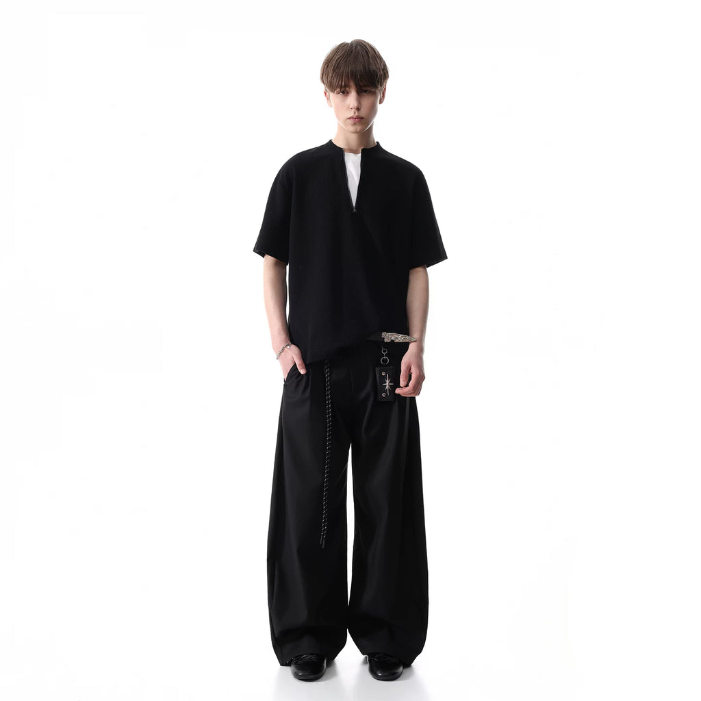 TREND ST Summer Vacation Two Piece Splicing Half Zipper Short Sleeve T-shirt for Men's American Casual Simple Waffle Top