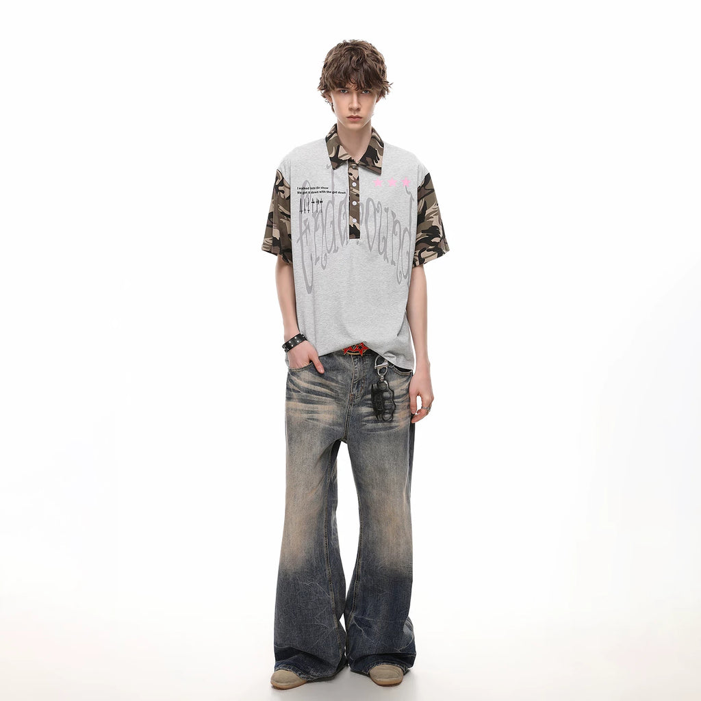 Vintage American style trendy camouflage patchwork short sleeved T-shirt for men, summer loose casual couple polo shirt top