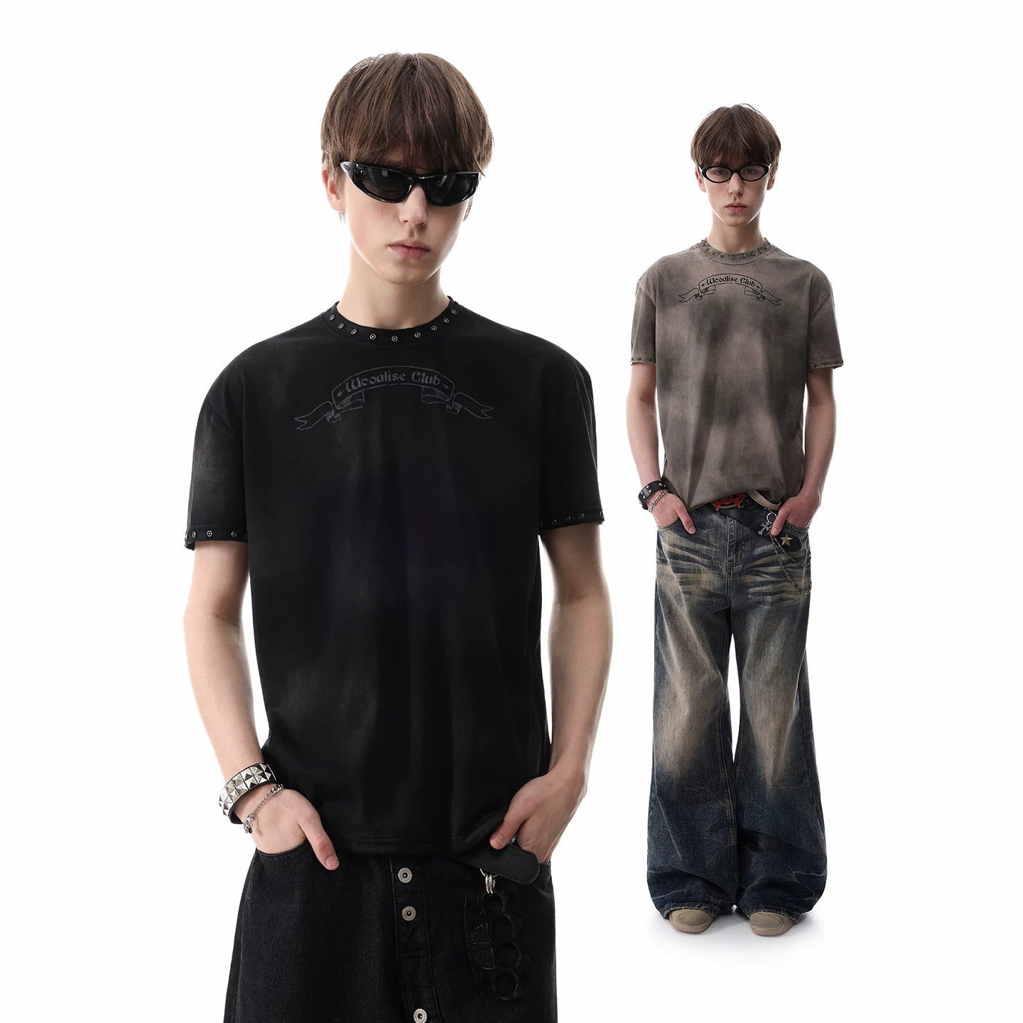 Visual style light Asian style vintage tie dye printed short sleeved men's summer shoulder boxy version rivet punk T-shirt