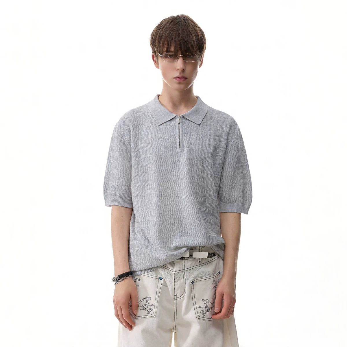 TREND ST Light Luxury Old Money Style Texture Knitted Short Sleeve Polo Shirt for Men's Summer Half Zipper Collar T-shirt