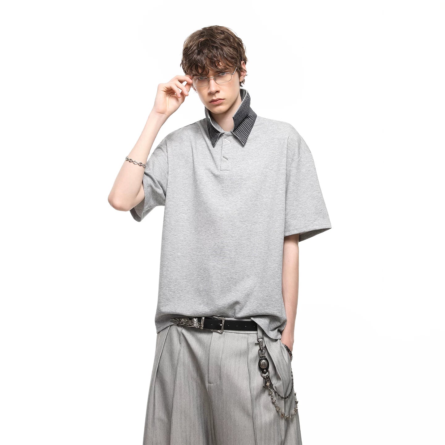 American style cleanfit striped splicing double-layer collar short sleeved T-shirt for boys, summer loose couple polo shirt top