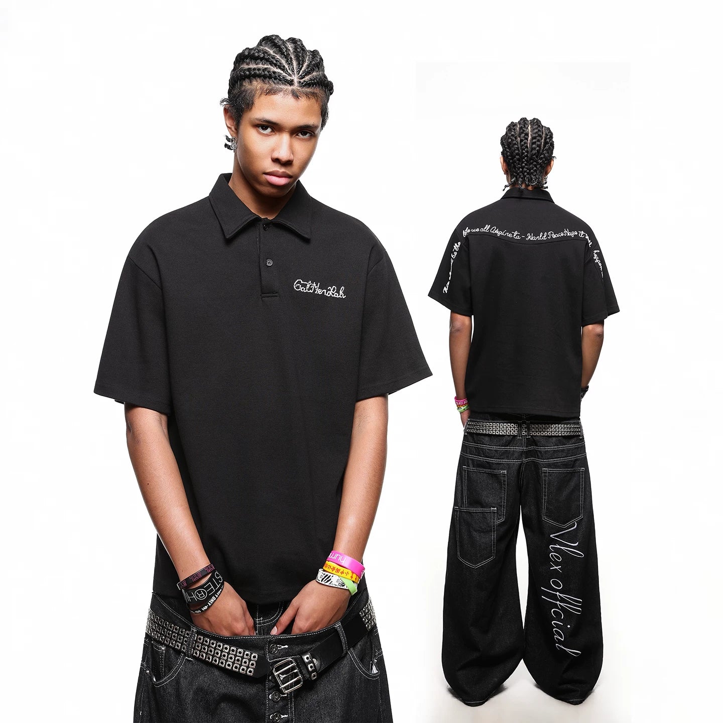 TREND ST Trendy American Retro Letter Embroidered Polo Shirt Short Sleeve Men's Summer Loose Couple Half Sleeve T-shirt