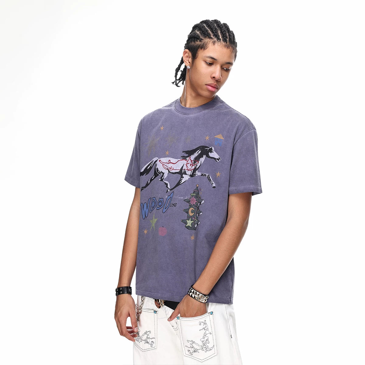 Vintage washed vintage printed short sleeved T-shirt with the theme of 'galloping horse', suitable for both men and women in summer, loose and casual couple's T-shirt