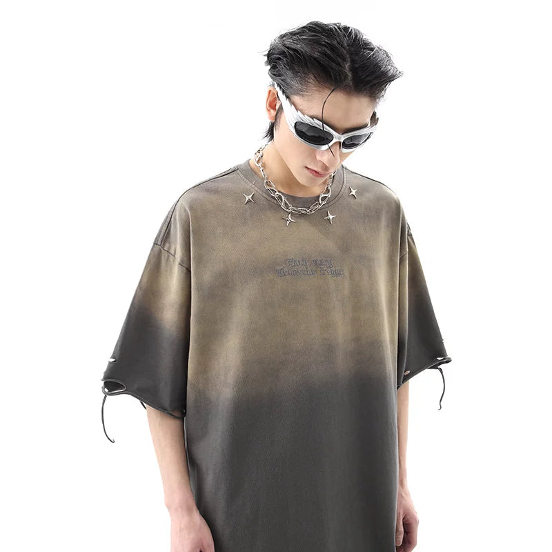 Street trendy brand niche wasteland style ripped hole short sleeved t-shirt for men's summer American retro vintage vintage gradient couple top