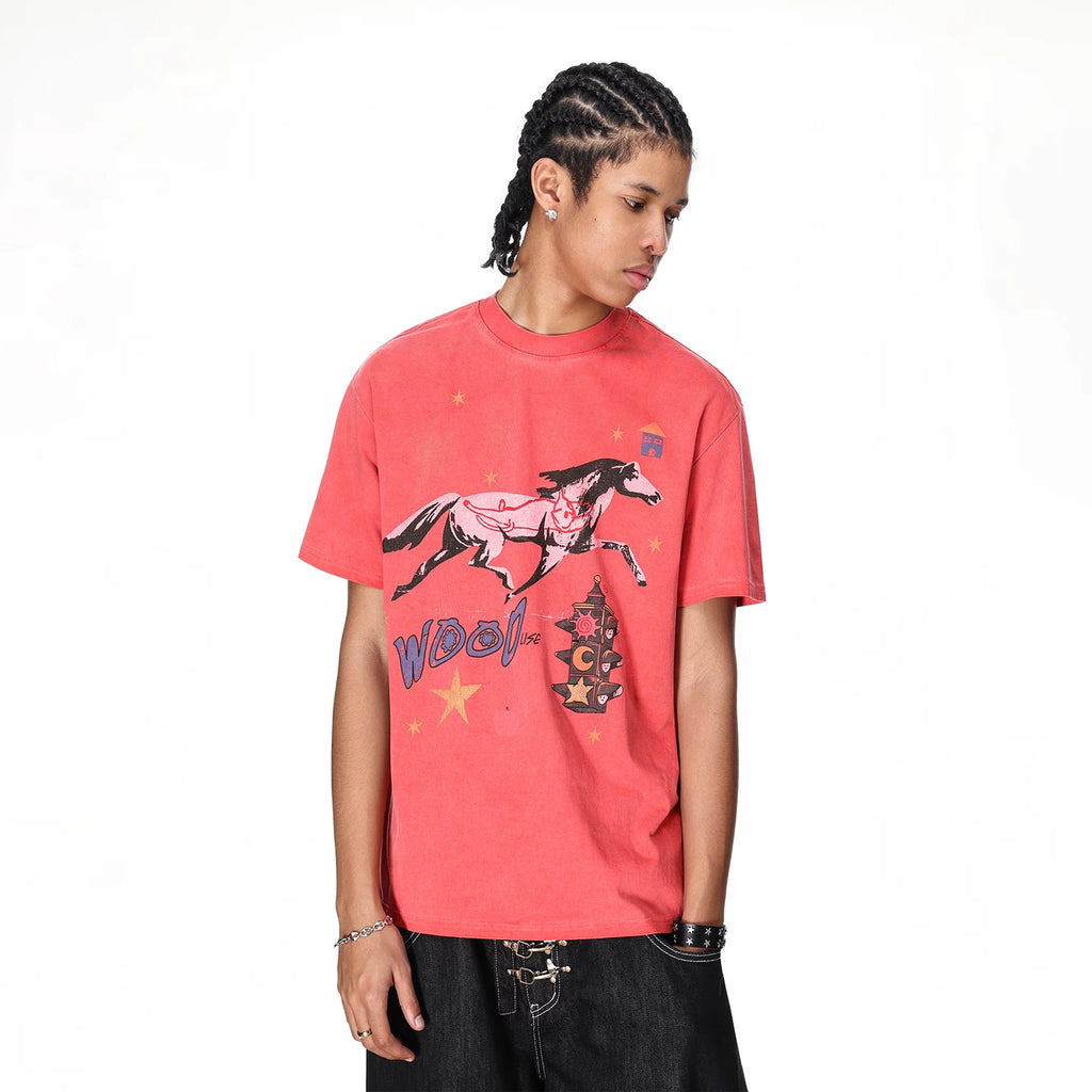 Vintage washed vintage printed short sleeved T-shirt with the theme of 'galloping horse', suitable for both men and women in summer, loose and casual couple's T-shirt