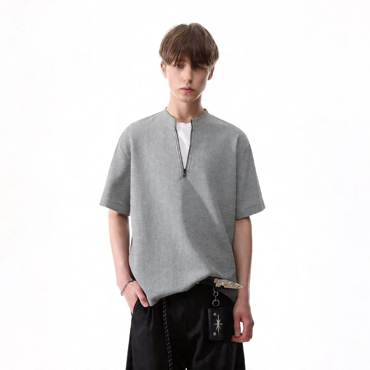 TREND ST Summer Vacation Two Piece Splicing Half Zipper Short Sleeve T-shirt for Men's American Casual Simple Waffle Top