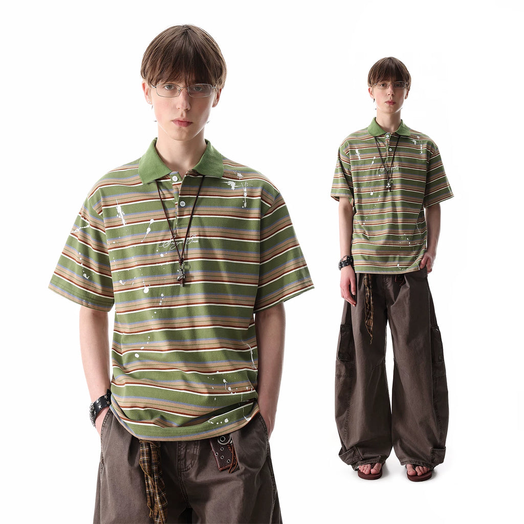 TREND ST American contrasting horizontal stripe polo shirt short sleeved men's and women's summer loose ink splashed embroidery half sleeved T-shirt