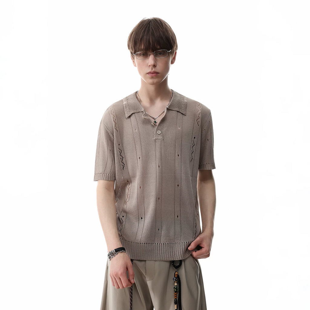 TREND ST old money style clean fit short knitted polo shirt men's summer hollow breathable short sleeved T-shirt