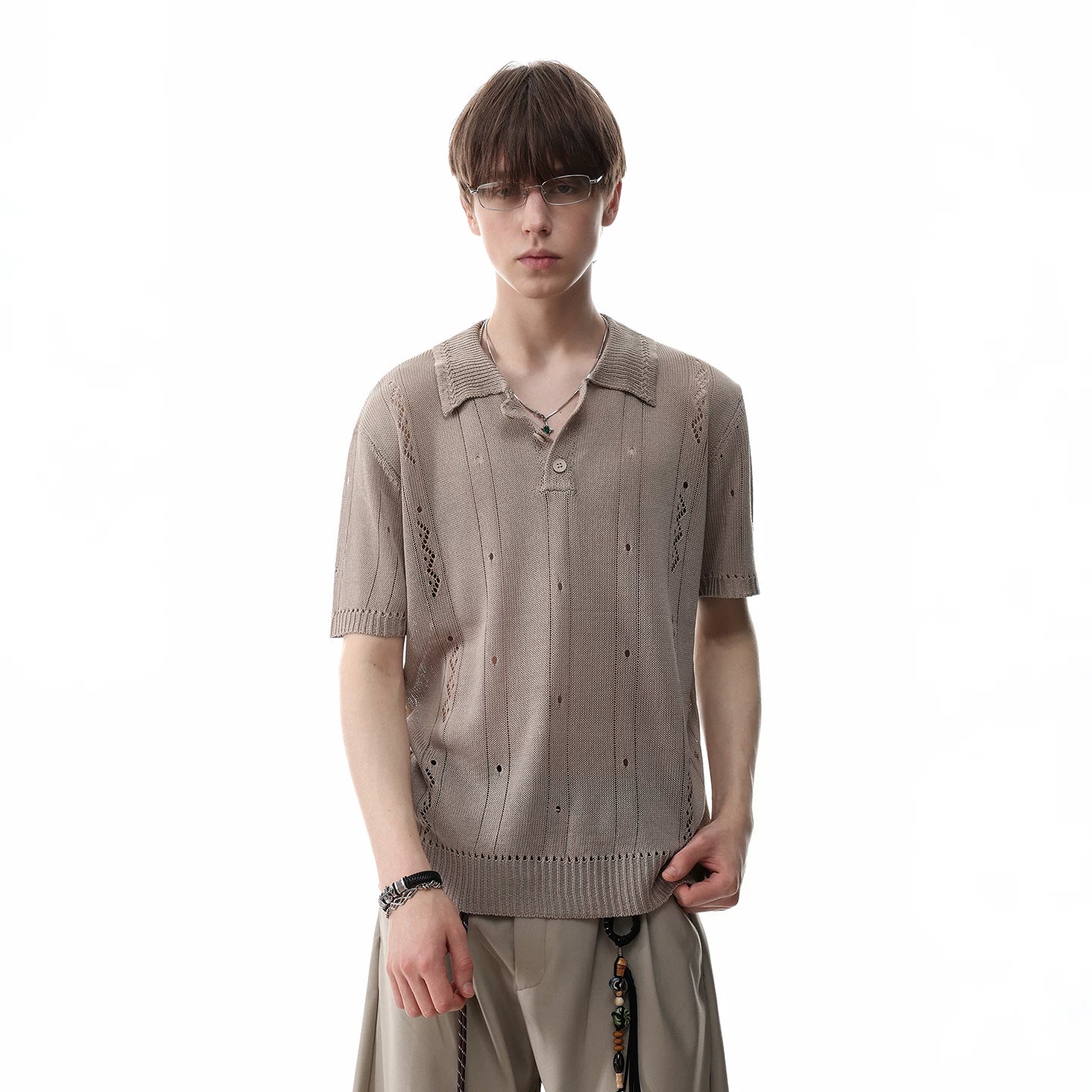TREND ST old money style clean fit short knitted polo shirt men's summer hollow breathable short sleeved T-shirt
