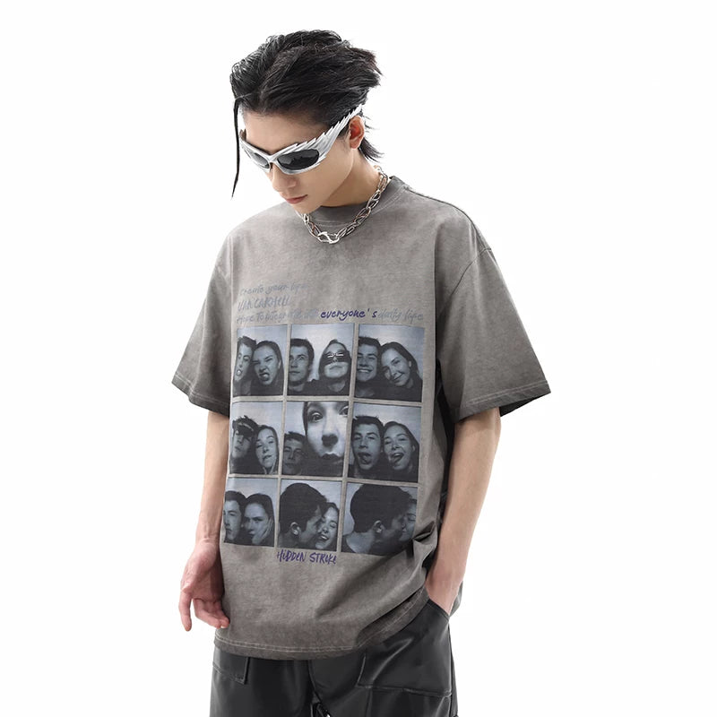 American style niche nine grid figure printed short sleeved T-shirt for men in summer, retro washed and worn, loose fitting couple half sleeved T-shirt