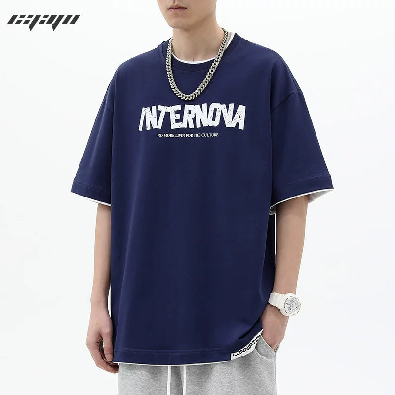 American high street splicing fake two piece short sleeved T-shirt men's summer trendy brand print loose couple layered half sleeved top
