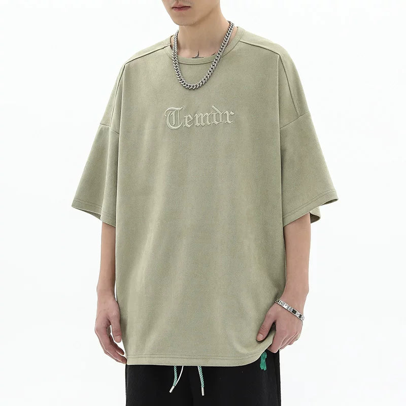 American retro heavy embroidery loose oversized short sleeved t-shirt men's summer trendy brand suede couple top