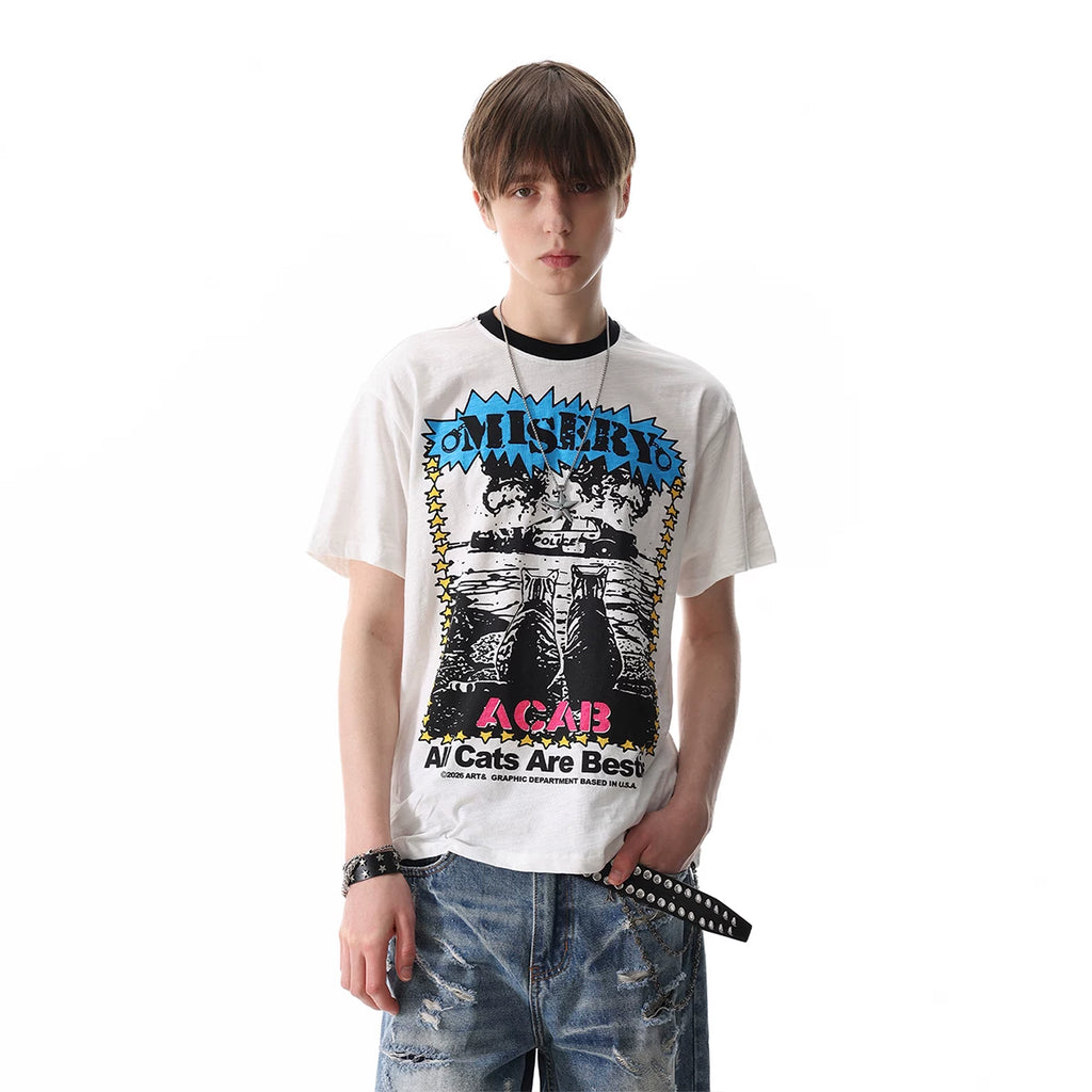 Thin and Cool TREND ST Street Punk Printed Shoulder Short sleeved T-shirt for Men and Women Summer Boxy T-shirt