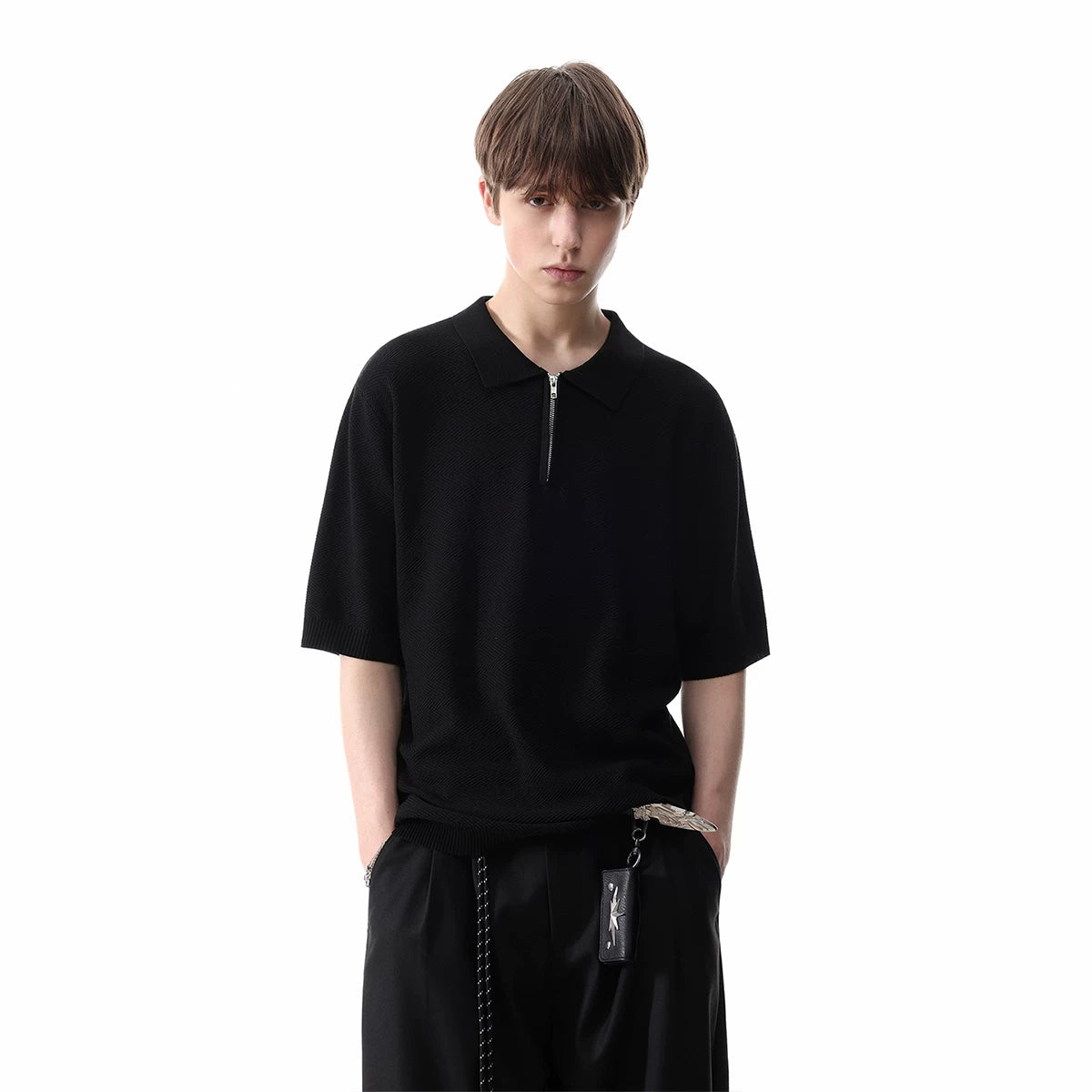TRENDST Retro Money Style Texture Half Zipper Polo Shirt Men's Summer Commuter Loose Knitted Short Sleeve T-shirt
