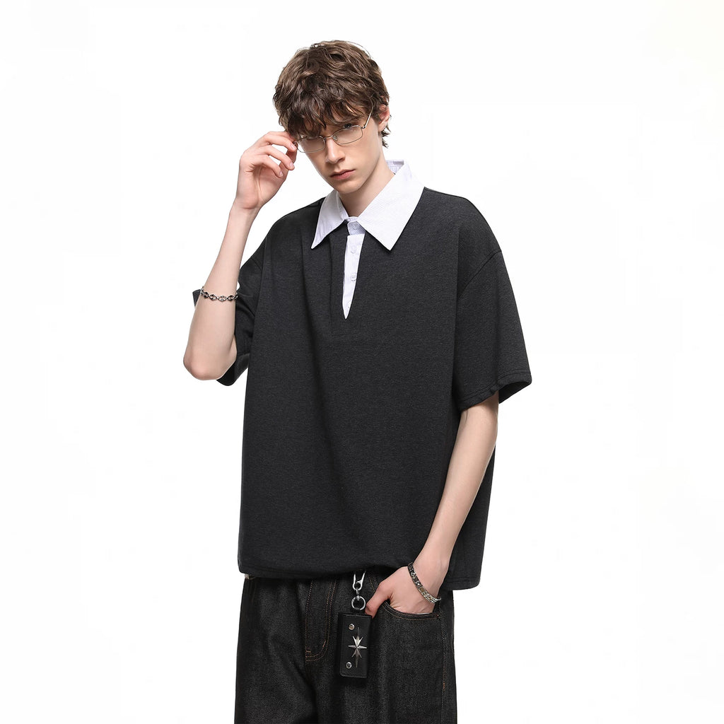 American style fake two-piece spliced polo shirt short sleeved men's and women's summer loose design T-shirt versatile couple outfit half sleeved