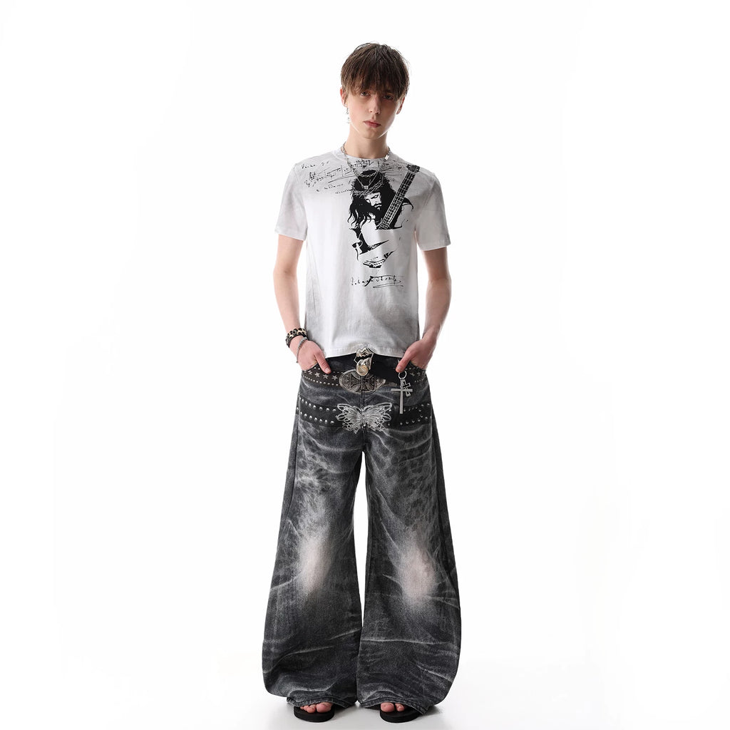 TREND ST Street Punk Graffiti Rock Character Printed Short sleeved T-shirt for Men's Summer Slimming Short Style Boxy