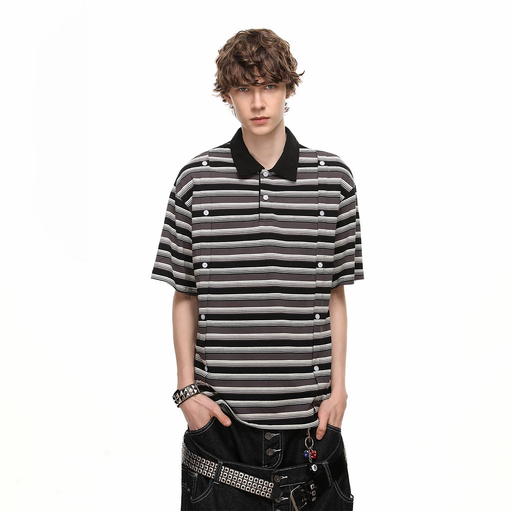 Trendy block clean fit design double row button polo shirt short sleeved men's summer loose casual striped T-shirt