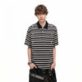 Trendy block clean fit design double row button polo shirt short sleeved men's summer loose casual striped T-shirt