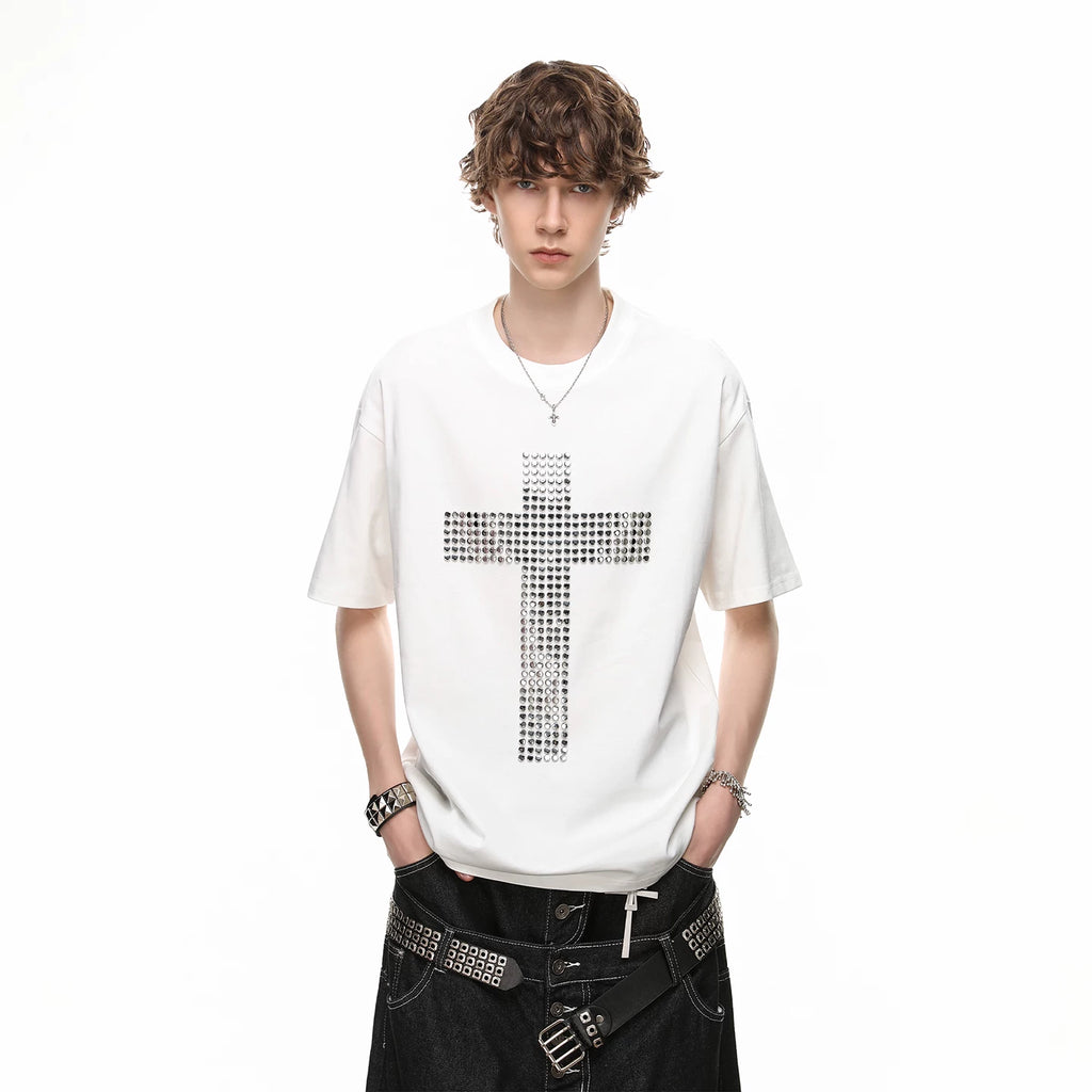 American street design, rivet cross, pure cotton T-shirt, short sleeved men's cleanfit, loose couple half sleeve