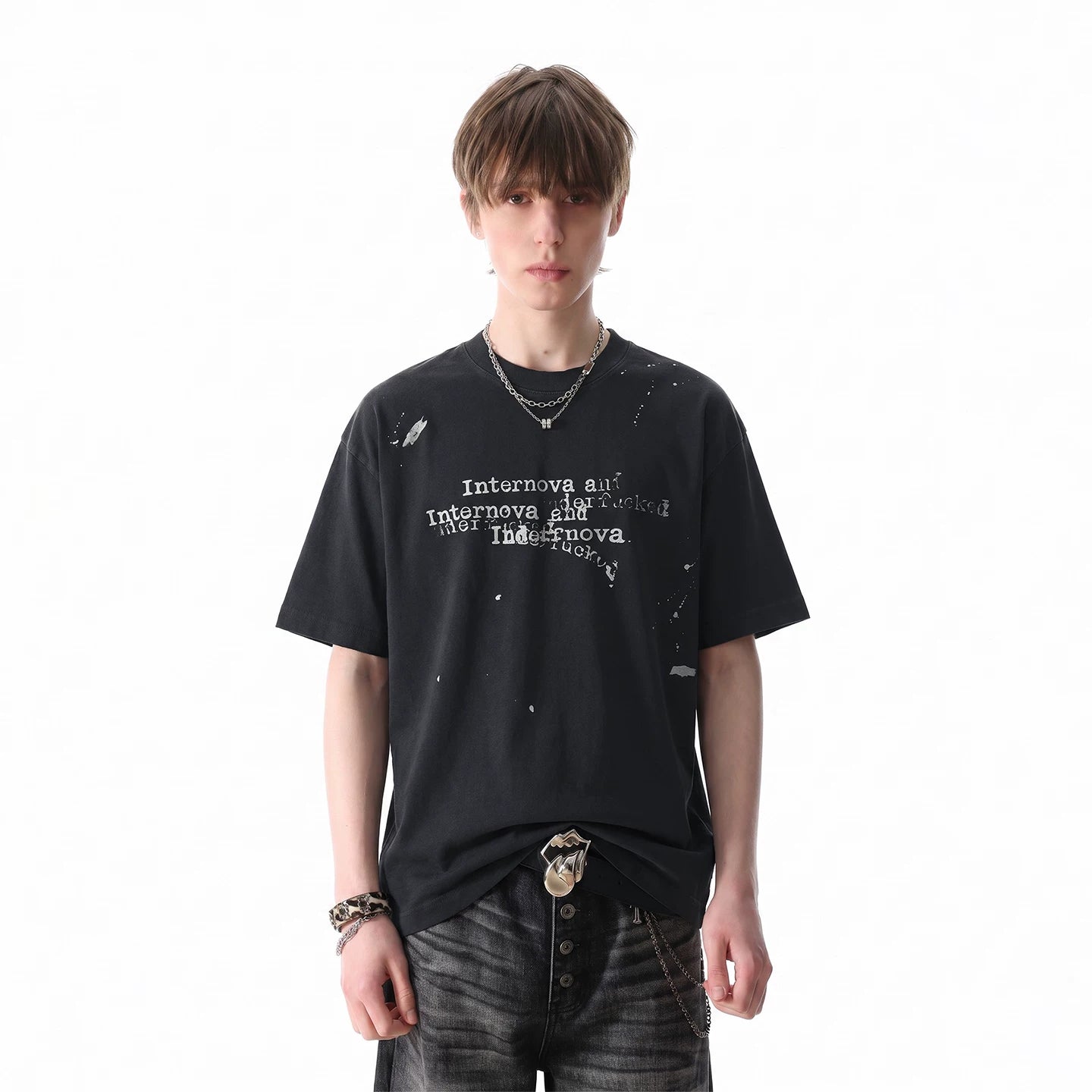 TREND ST Retro Washed Vintage T-shirt for Boys Summer Street Hip Hop Graffiti Printed Loose Short Sleeves