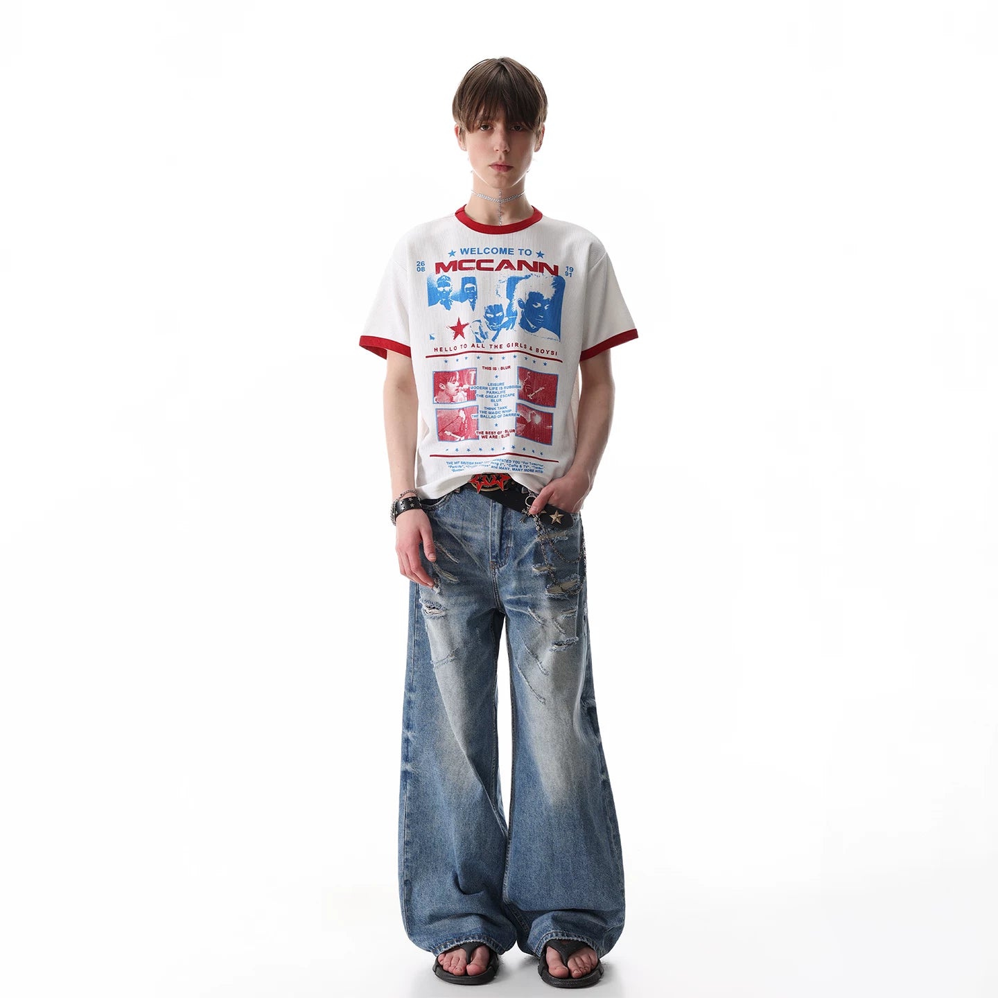 TREND ST Rock Band Character Printed Waffle Short sleeved T-shirt Men's Summer Boxy Version Shoulder Top